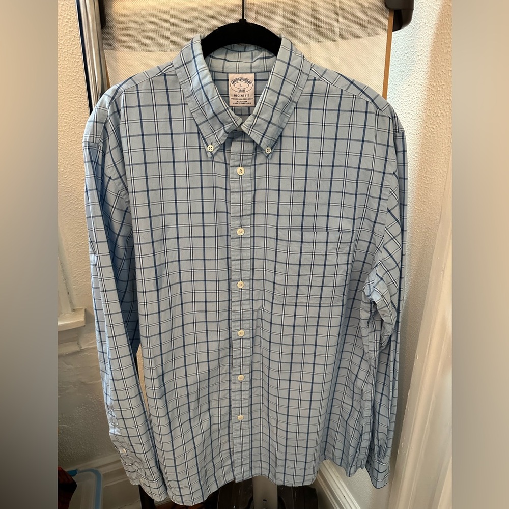 Brooks Brothers Blue Plaid Broadcloth Sport Shirt, 100% cotton, Large